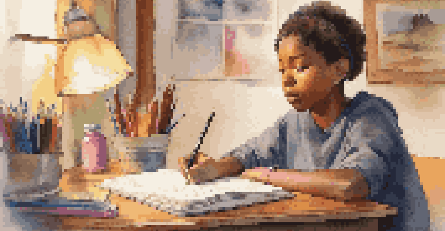 A close-up view of a student journaling their reflections after a lesson, with a warm glow from a lamp and colorful art supplies around them.