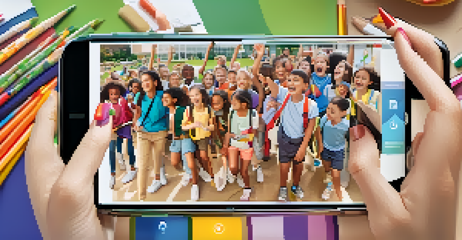 A smartphone displaying a vibrant photo of a school event, surrounded by school supplies, showing parents and teachers interacting.