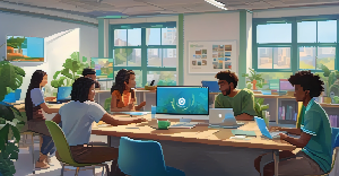 A virtual classroom with diverse learners interacting through devices, showcasing a collaborative digital learning environment.