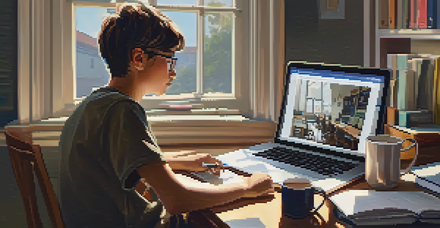 A close-up of a student concentrated on a laptop in a cozy study setup, surrounded by notebooks and warm natural light.
