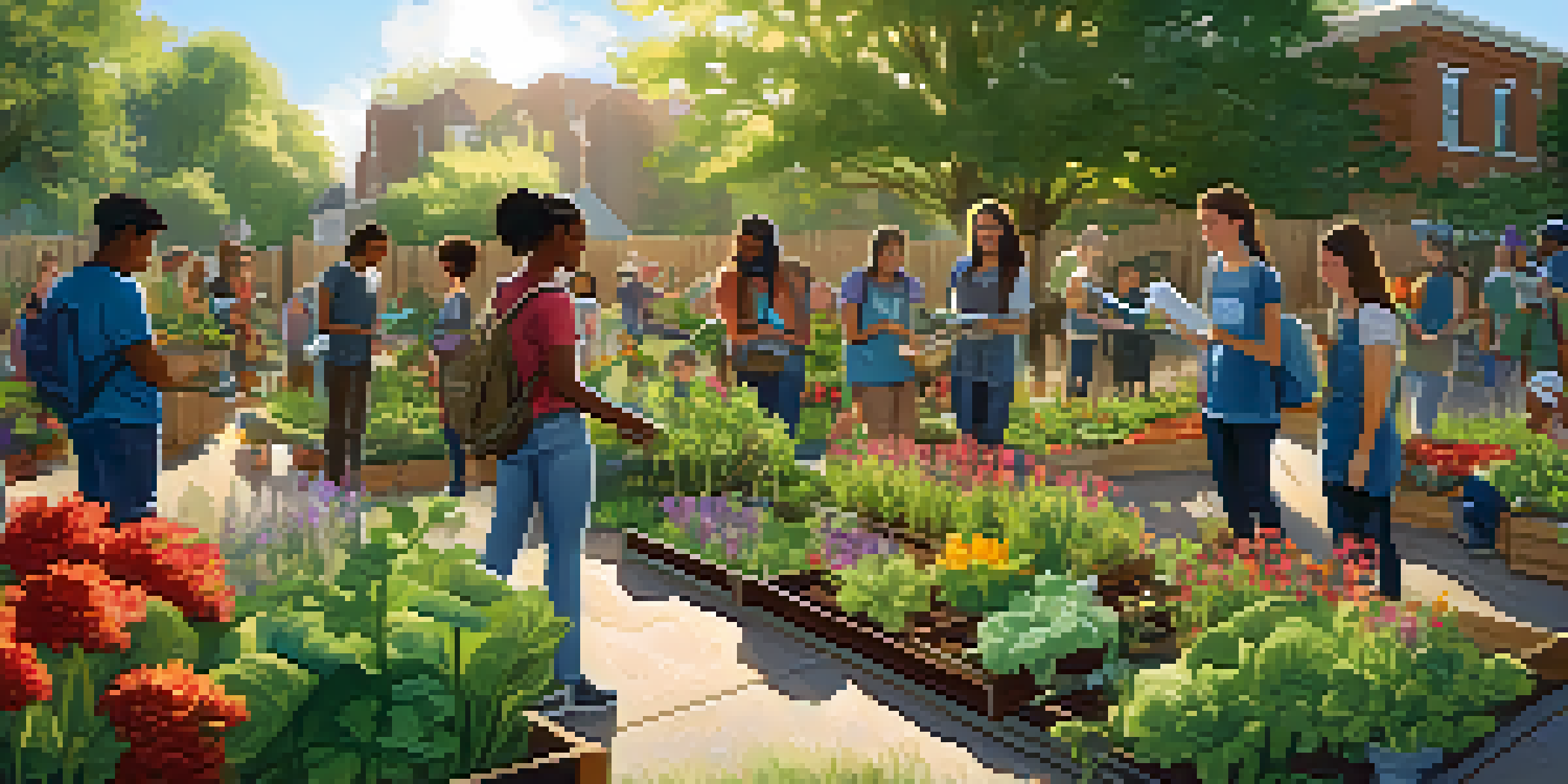 A diverse group of students working together in a community garden, planting and watering plants under soft sunlight.