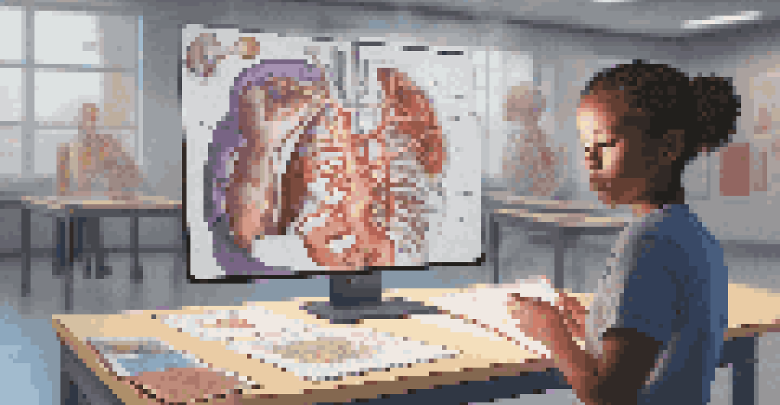 A student interacting with Augmented Reality to visualize a 3D model of the human body, with textbooks and notes around them.