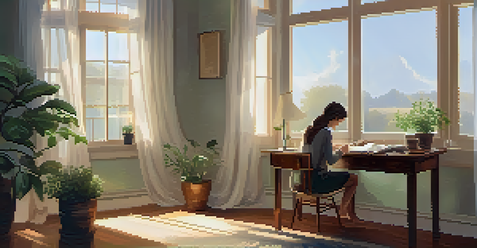A person journaling at a wooden desk by a window, with soft morning light, a cup of herbal tea, and a potted plant.