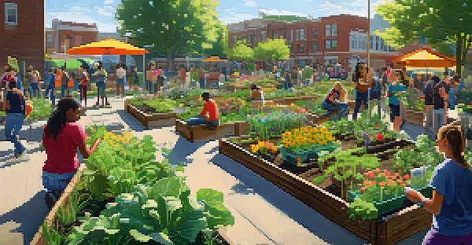 Students of diverse backgrounds working together in a community garden, planting flowers and vegetables under bright sunlight.