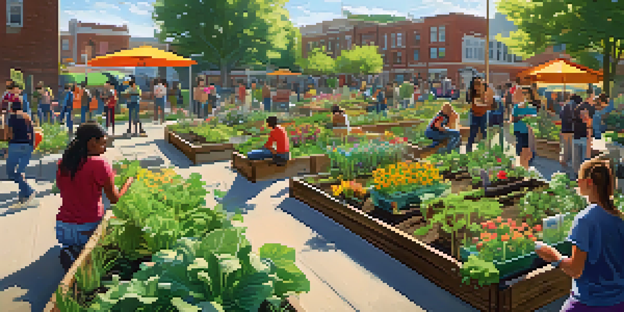 Students of diverse backgrounds working together in a community garden, planting flowers and vegetables under bright sunlight.