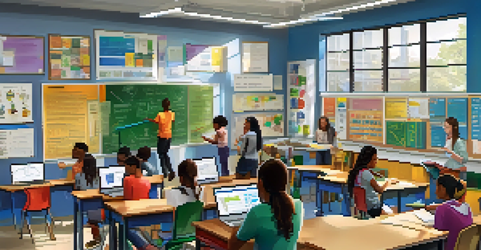 A diverse group of students working together on a STEM project in a colorful classroom with laptops and bright lighting.