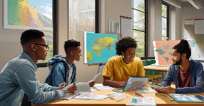A diverse group of students discussing global issues at a table filled with technology and study materials in a bright classroom.
