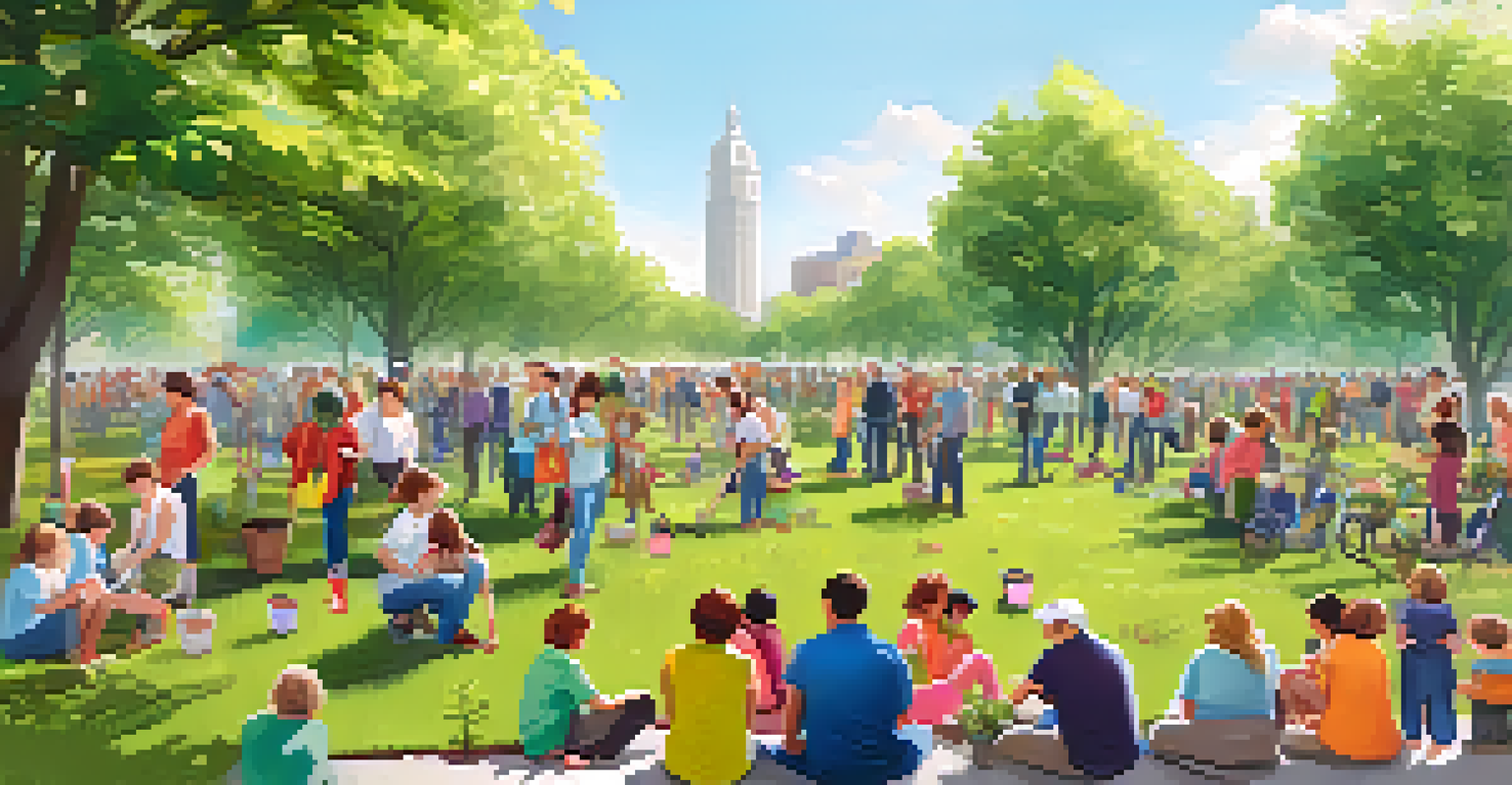 Families and local organizations participating in a community tree-planting event in a sunny park.