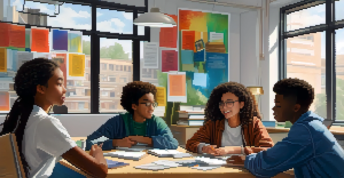 A diverse group of students in a well-lit room discussing and collaborating over books and laptops, showing active participation in learning.
