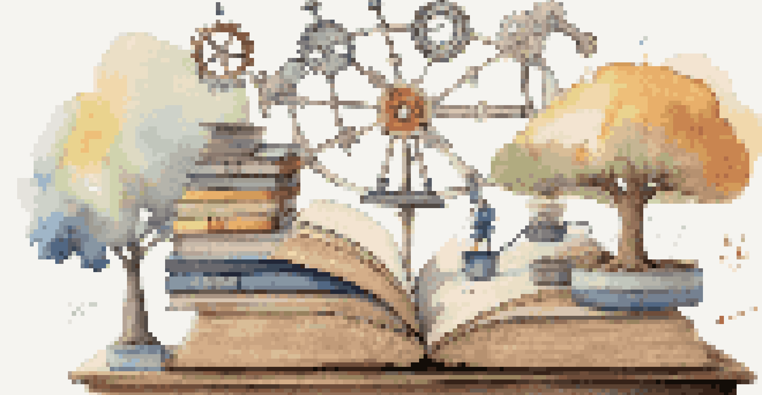 An artistic depiction of cognitive load theory with a balanced scale and icons representing learning, set against a calming gradient background.