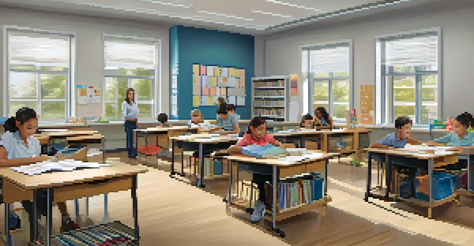 A well-structured classroom with designated areas for reading and group work, showing students engaged in learning.