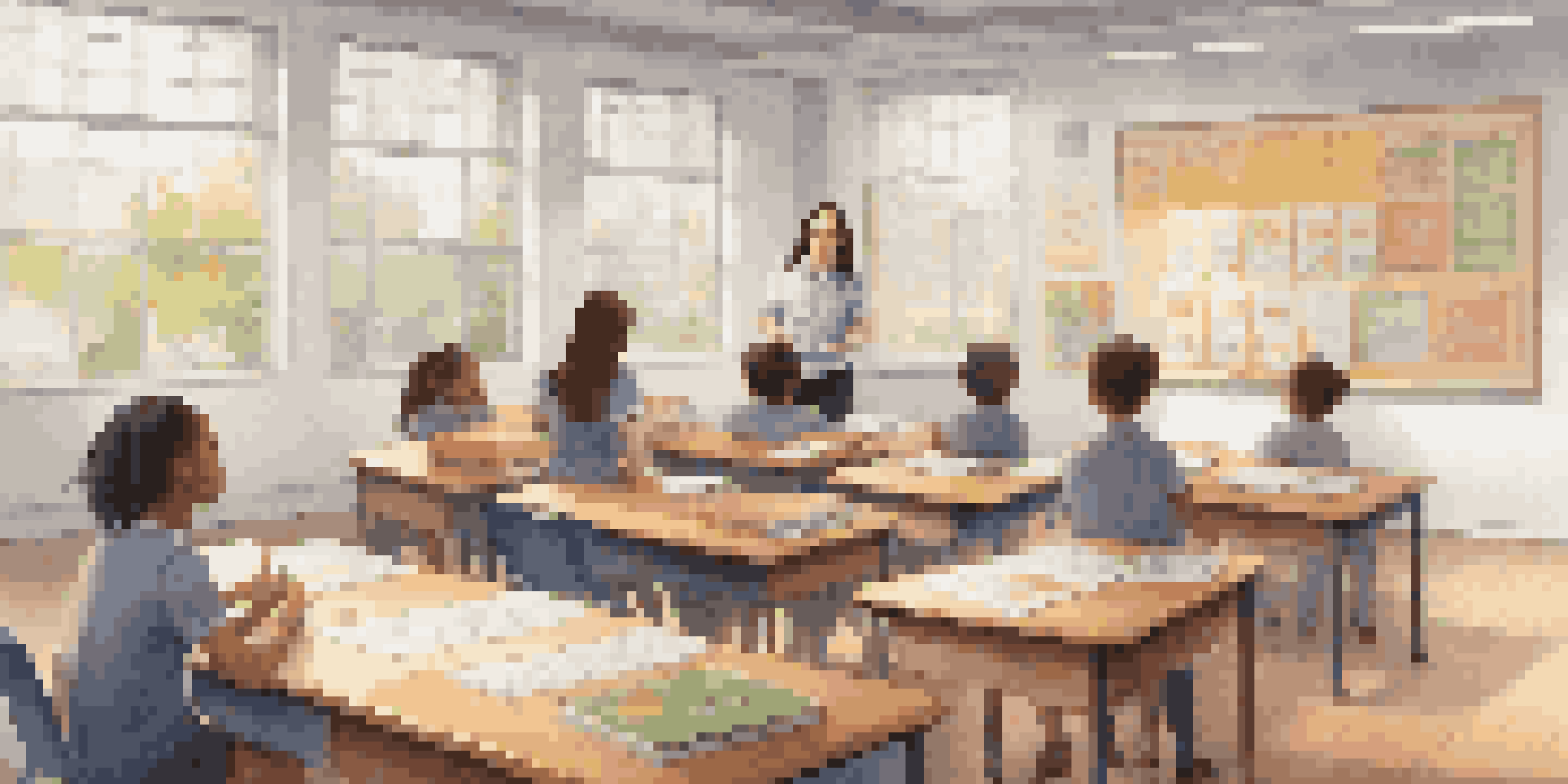A bright classroom where a teacher is explaining Cognitive Load Theory to attentive students, surrounded by educational materials.