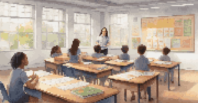 A bright classroom where a teacher is explaining Cognitive Load Theory to attentive students, surrounded by educational materials.