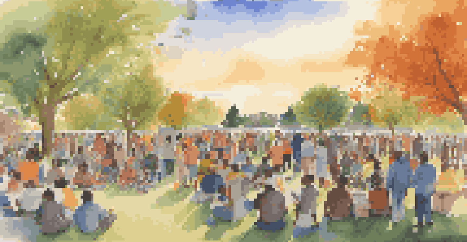 A community gathering in a park discussing local issues, with colorful banners and a warm sunset creating an atmosphere of hope.