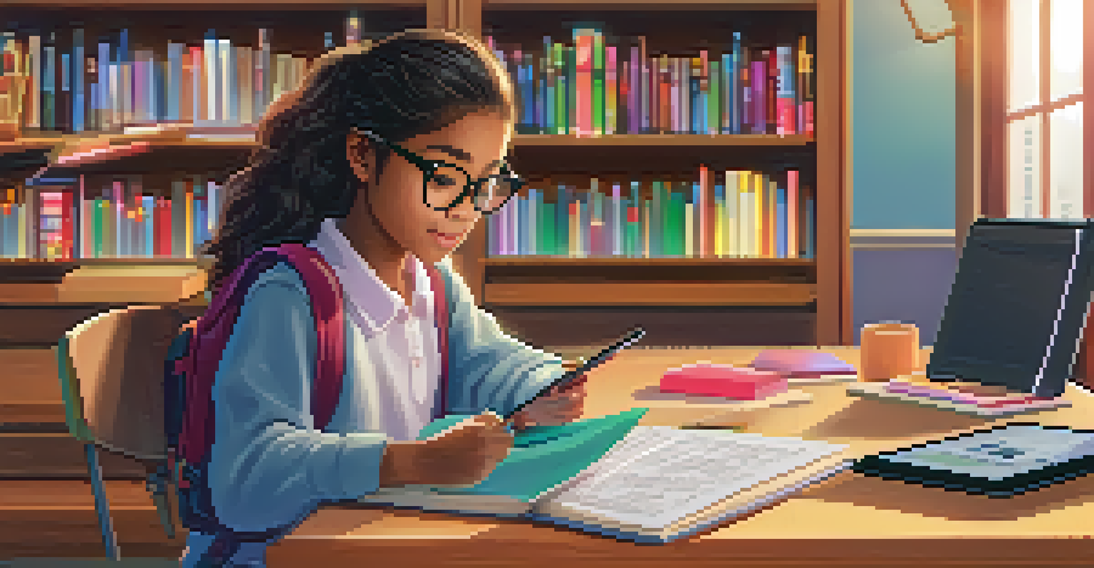 A young girl using a tablet to participate in an interactive quiz, surrounded by books in a cozy study area.