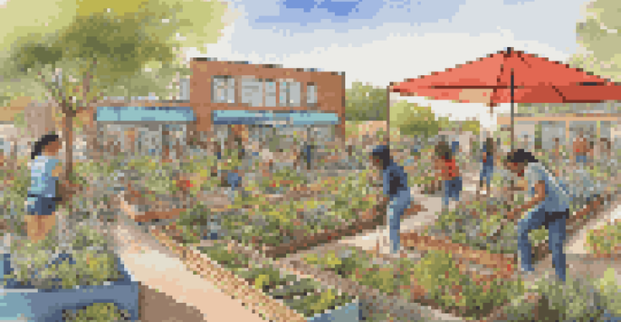 A community garden with colorful sculptures and students planting, illuminated by sunlight.