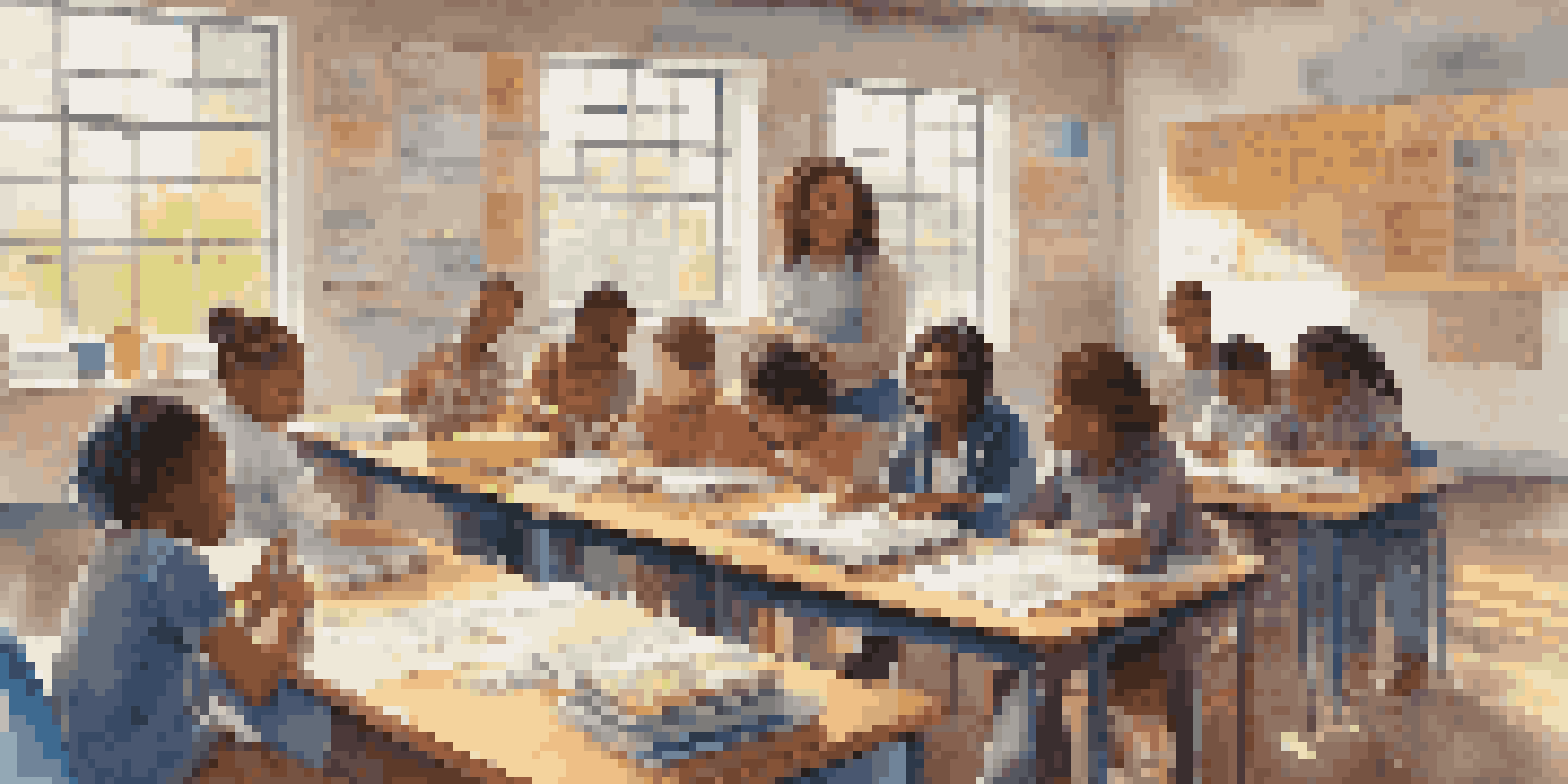 A diverse group of students collaborating in a bright classroom, surrounded by books and educational materials under natural light.