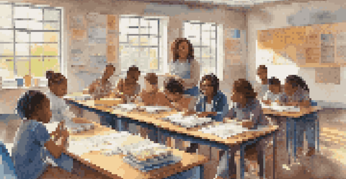 A diverse group of students collaborating in a bright classroom, surrounded by books and educational materials under natural light.