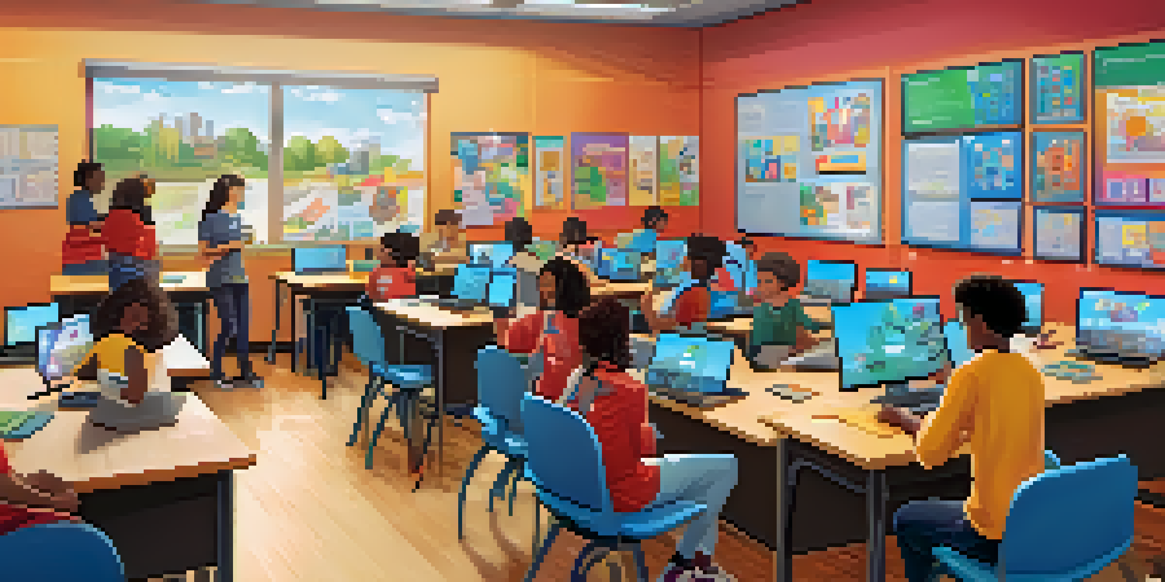 A colorful classroom with diverse students collaborating on a project, displaying digital badges on screens, and a teacher guiding them.