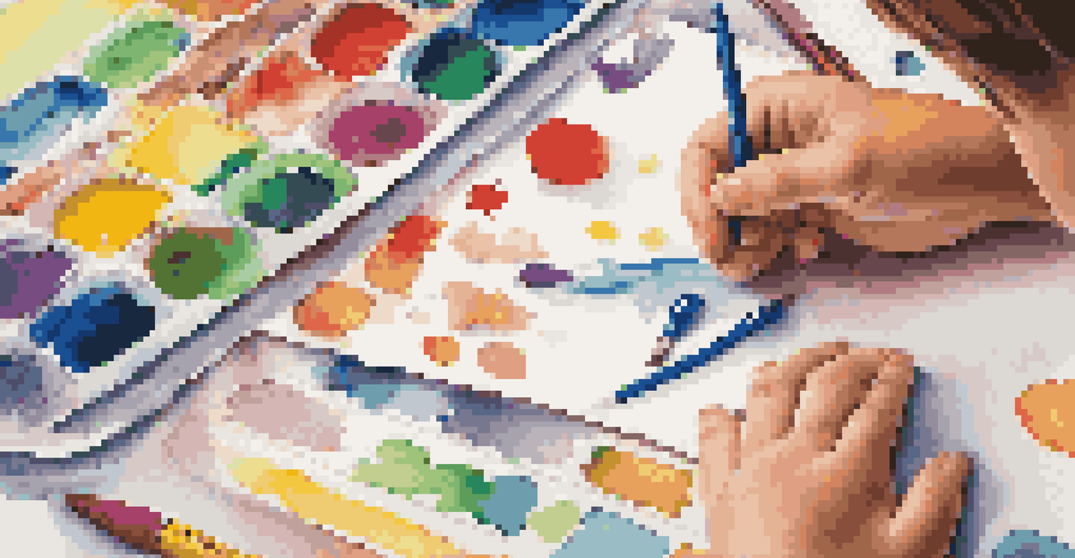 A close-up of a child's hands creating an art project related to school transitions, surrounded by various colorful art supplies.