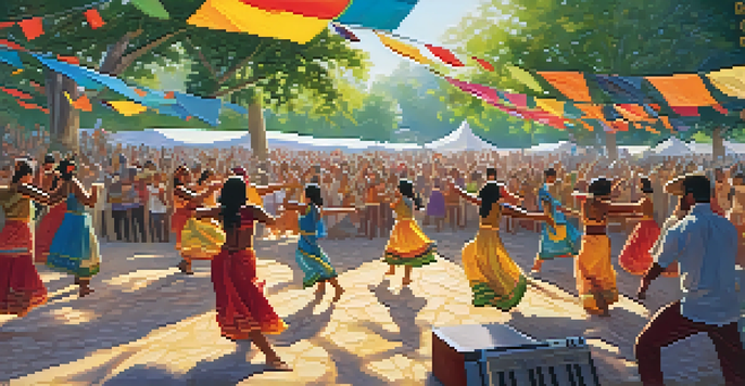 A lively outdoor music festival with diverse attendees dancing joyfully under colorful banners, showcasing cultural attire and a stage filled with musical instruments.