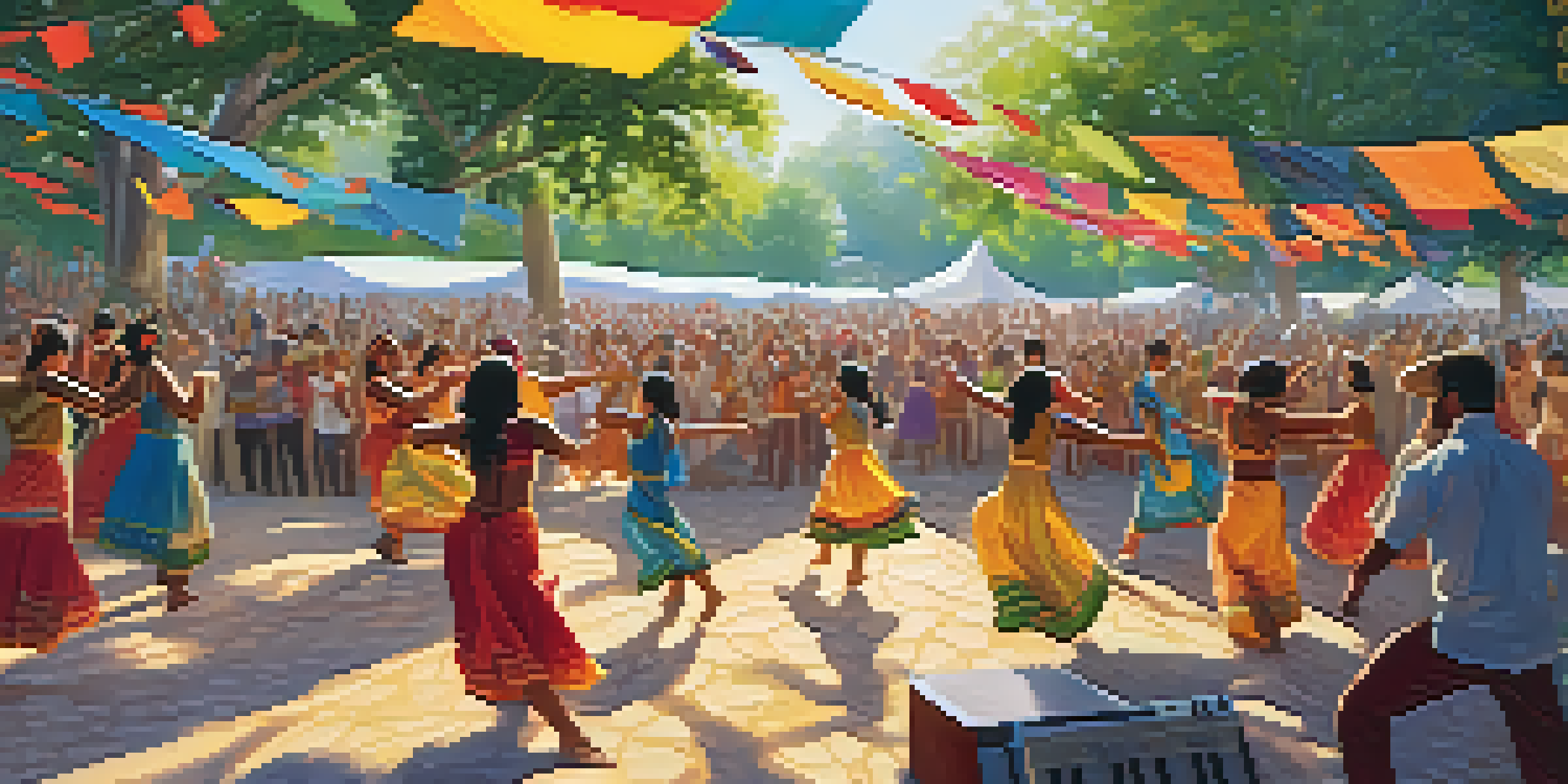 A lively outdoor music festival with diverse attendees dancing joyfully under colorful banners, showcasing cultural attire and a stage filled with musical instruments.