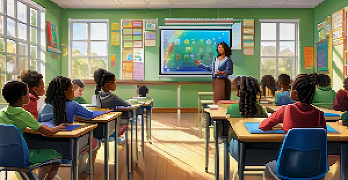 A teacher using a smart board in a bright classroom with students engaged with tablets and colorful educational posters.
