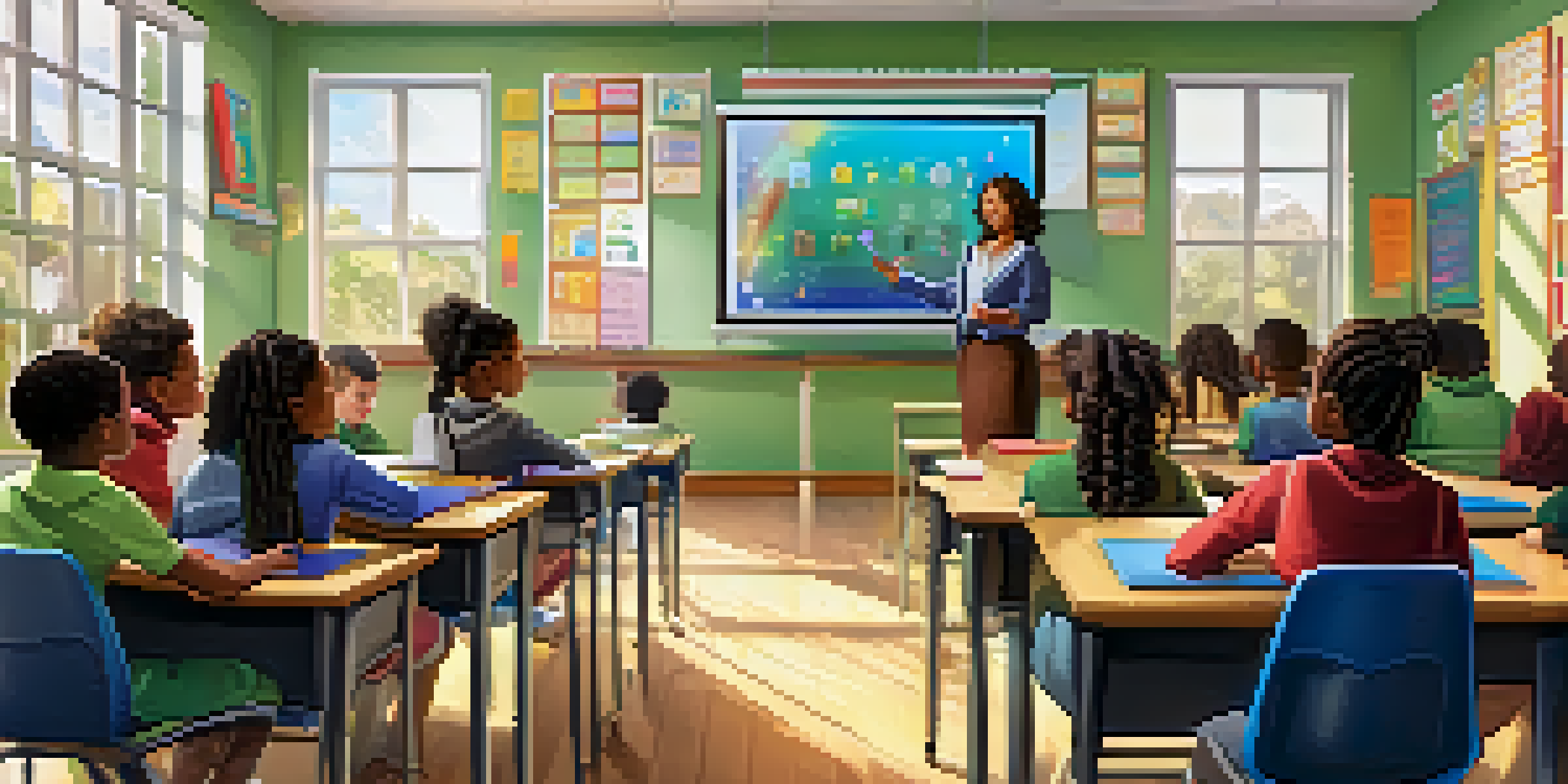 A teacher using a smart board in a bright classroom with students engaged with tablets and colorful educational posters.