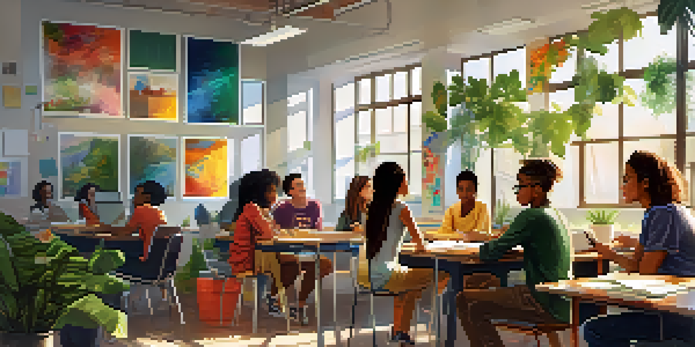 A diverse group of students collaborating in a bright classroom, discussing ideas with laptops and notebooks.