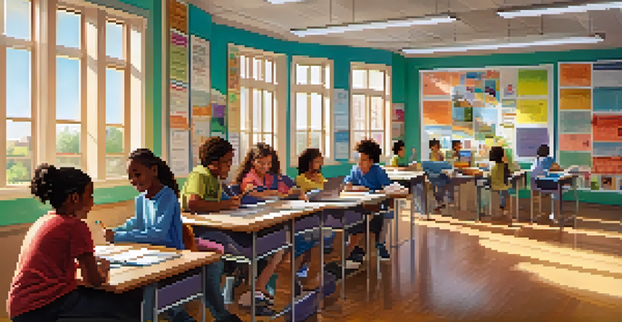 A lively classroom scene with diverse students collaborating on projects, surrounded by educational posters and bright sunlight.