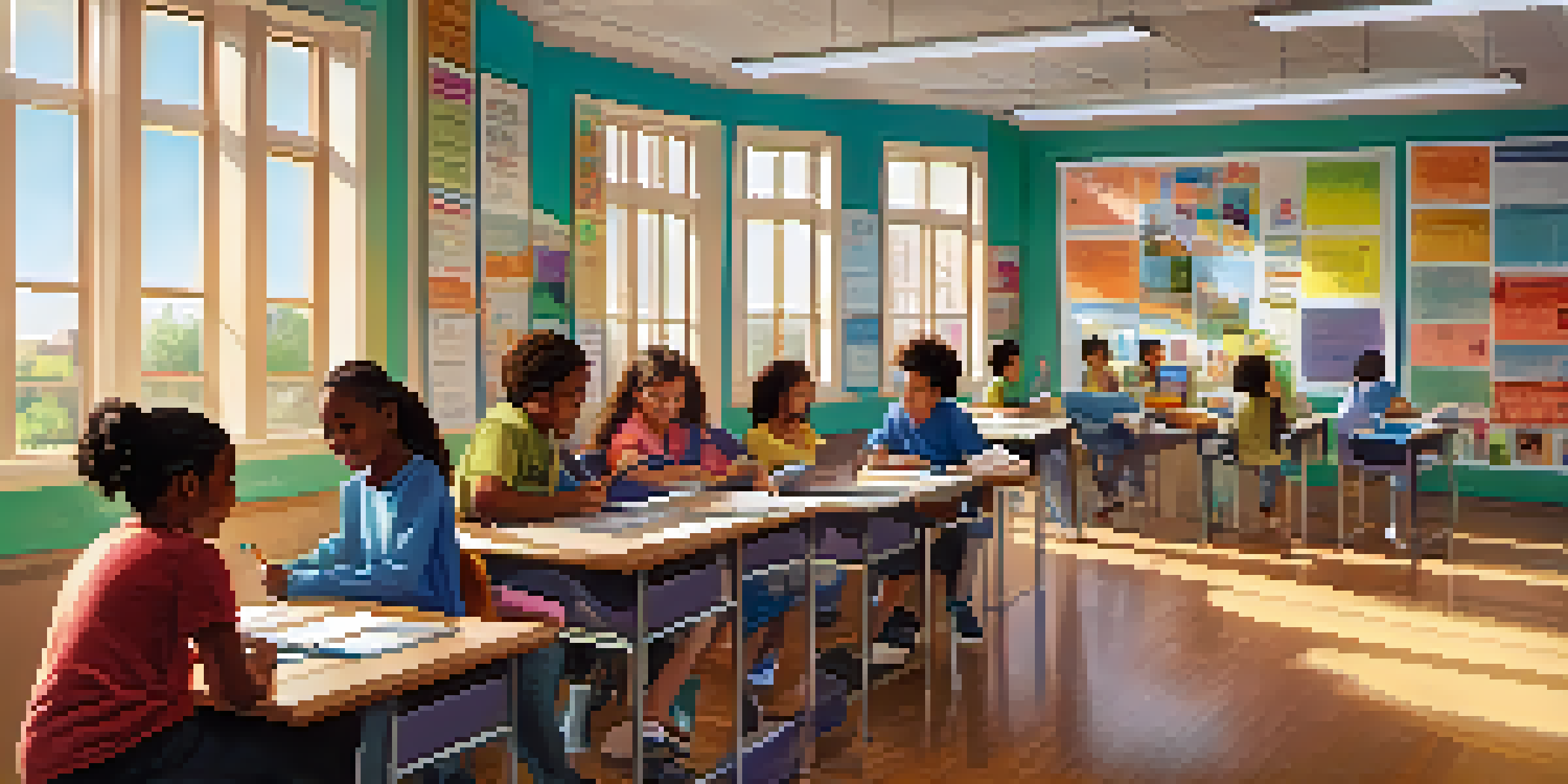 A lively classroom scene with diverse students collaborating on projects, surrounded by educational posters and bright sunlight.