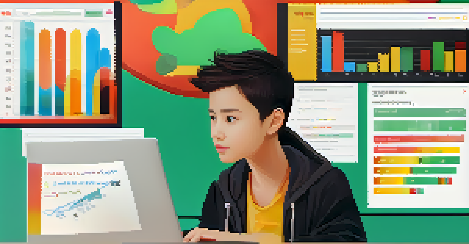 A student looking at a laptop screen with colorful feedback graphs and comments from a quiz.