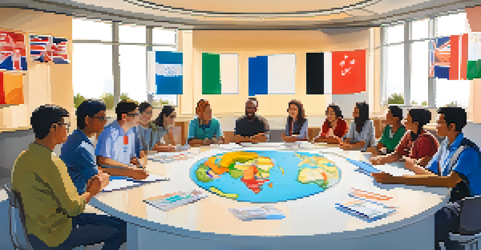 Educators from different countries participating in a global education workshop, sharing ideas around a world map.