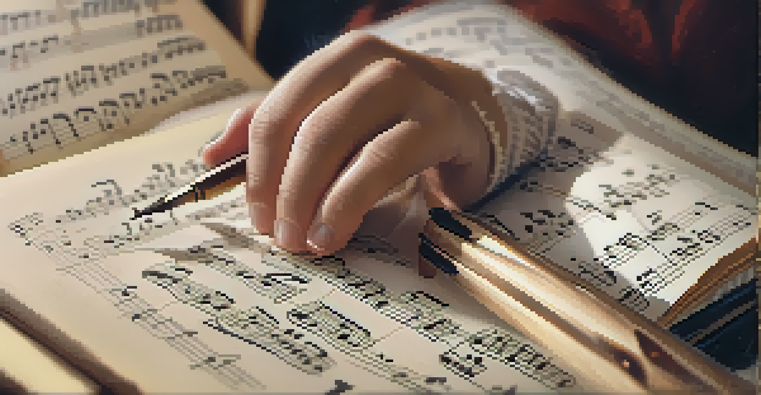 A close-up of a student's hands playing a musical instrument, with sheet music and historical texts blurred in the background, illuminated by soft lighting.