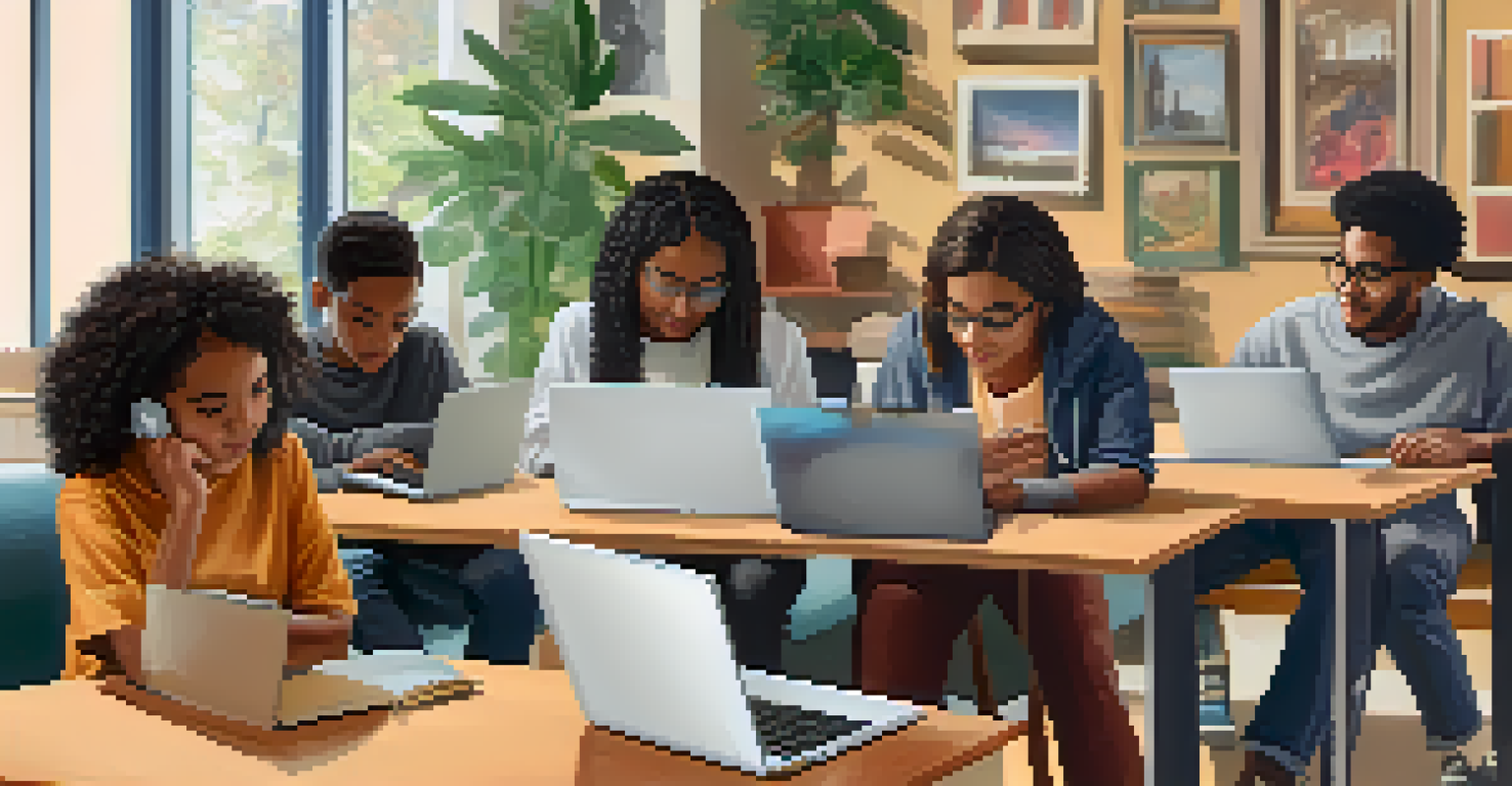 A collage of students from diverse backgrounds participating in a virtual class on their laptops.