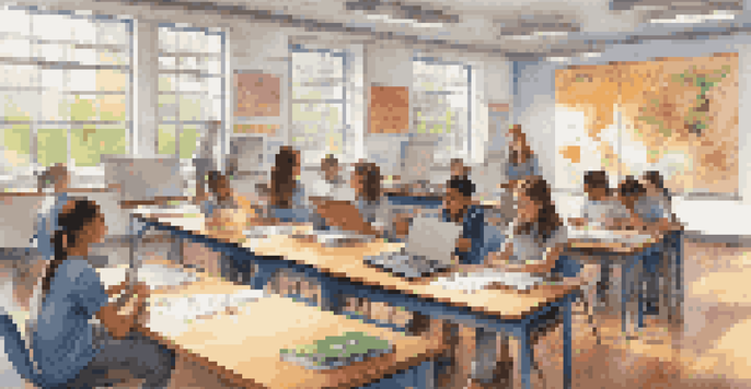 A vibrant classroom with students using laptops and tablets, engaging in blended learning activities.