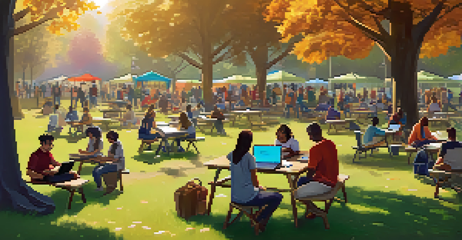 A community event in a park where volunteers teach digital literacy skills to local residents using laptops.