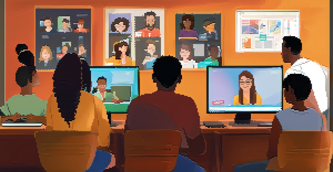 A diverse group of students participating in a live online classroom, showing engagement and curiosity.