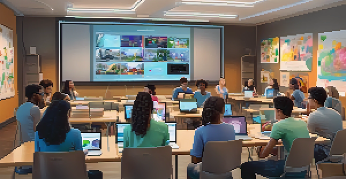 A virtual classroom scene with diverse students collaborating and using technology.