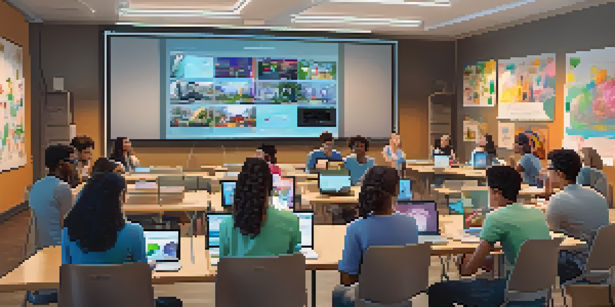 A virtual classroom scene with diverse students collaborating and using technology.