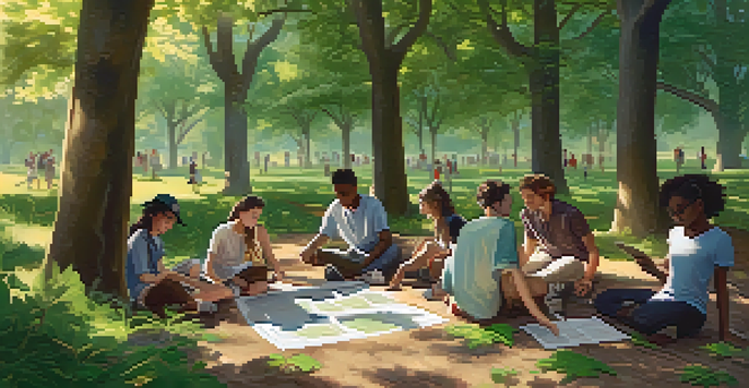 A diverse group of students engaged in an outdoor scavenger hunt in a sunny park, surrounded by trees and greenery.