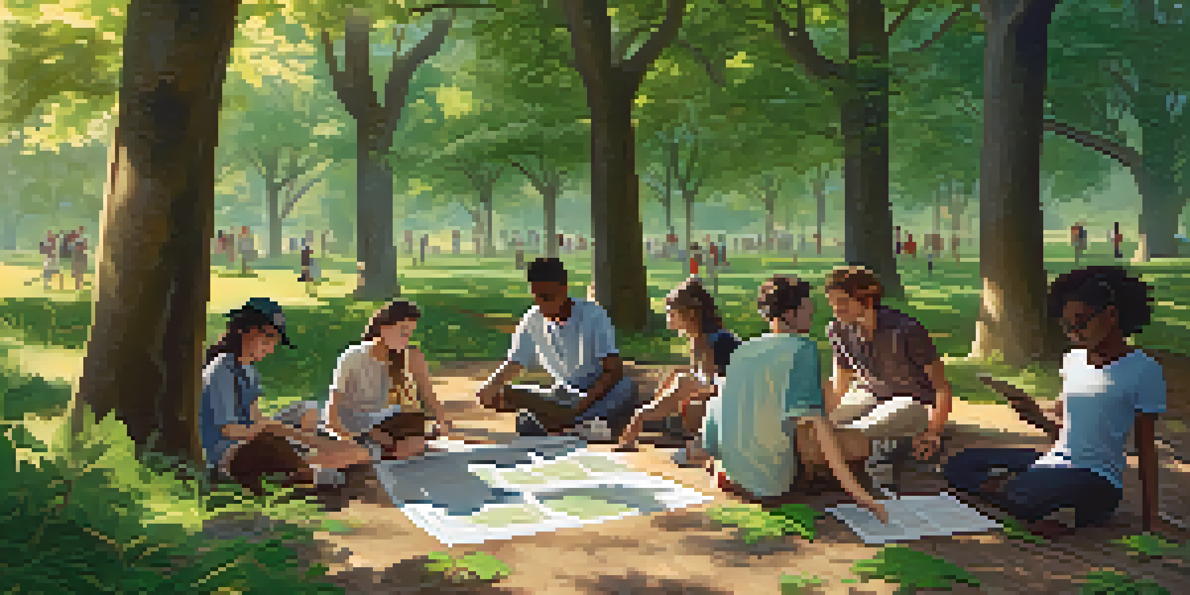 A diverse group of students engaged in an outdoor scavenger hunt in a sunny park, surrounded by trees and greenery.