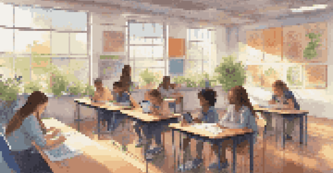 A bright classroom with students using digital devices, working together, and a teacher guiding them, promoting a culture of digital citizenship.