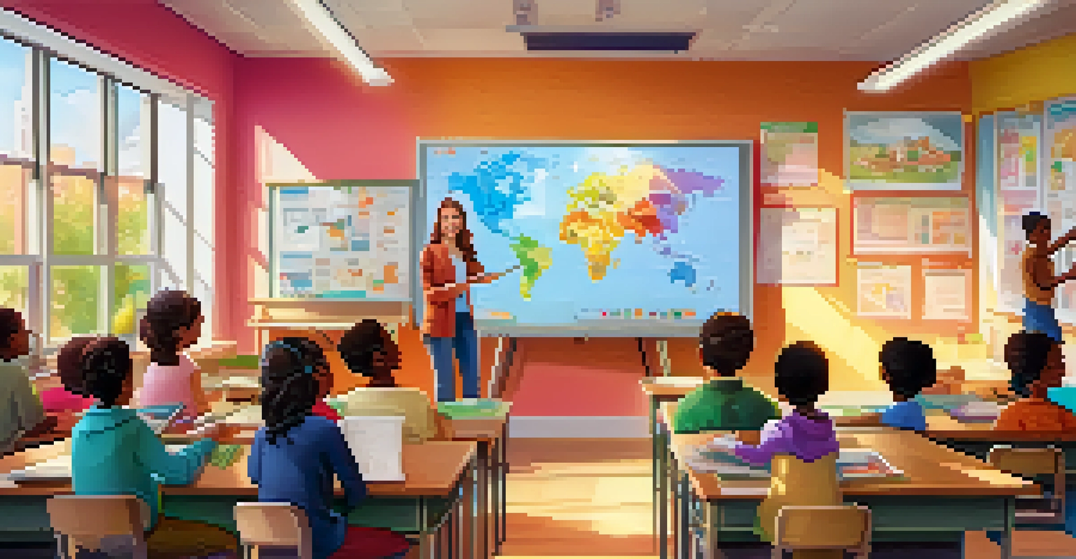 A classroom filled with students and a teacher using a smartboard to demonstrate an AI tool, with educational posters and sunlight coming through the windows.