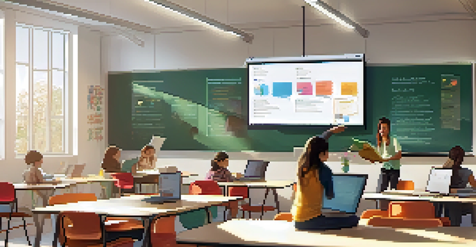 A bright classroom with students engaged in blended learning activities, one using a laptop and others collaborating around a whiteboard.