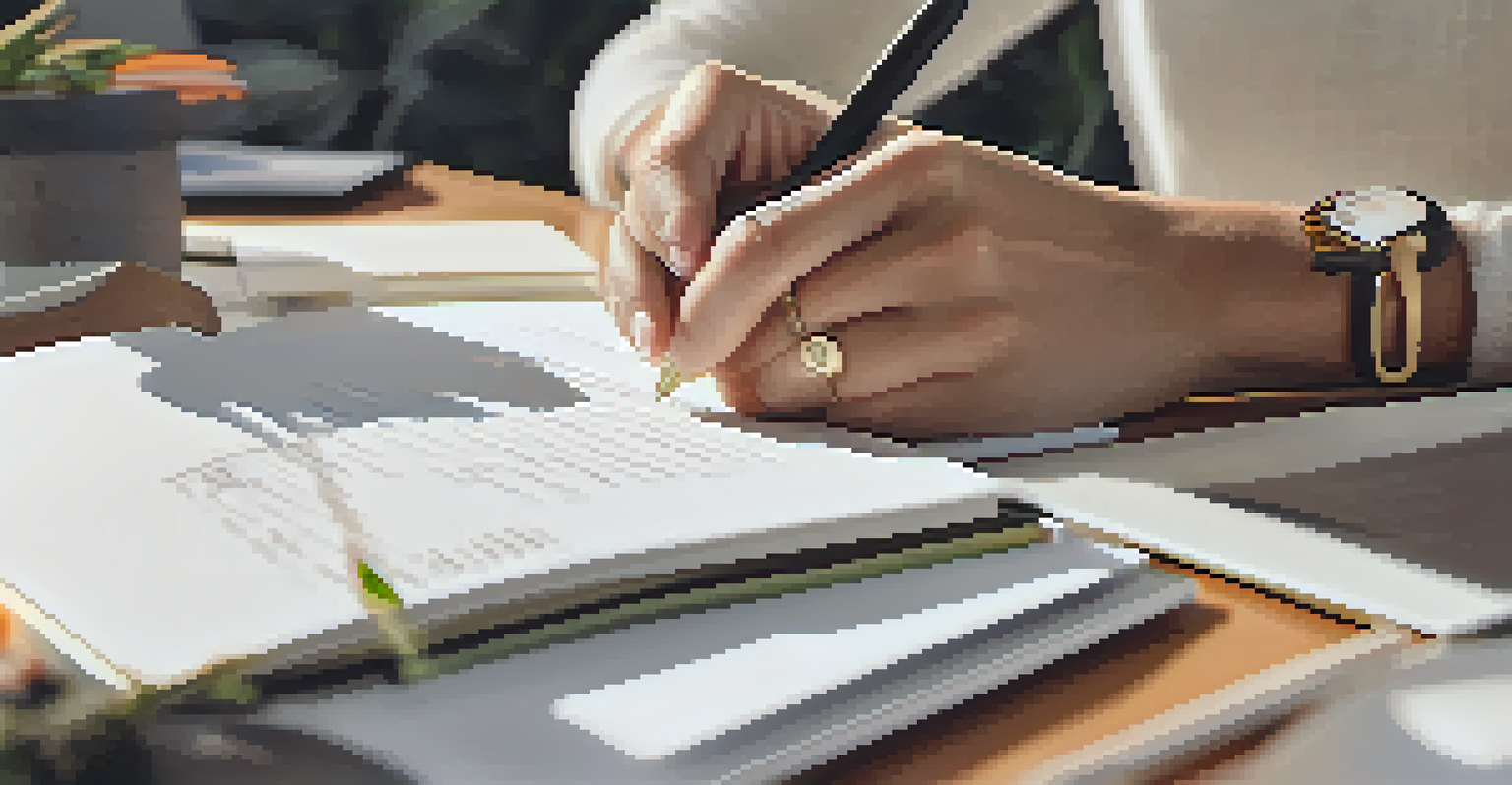 Close-up of hands typing on a laptop and writing in a notebook, with study materials and a coffee cup in the background.