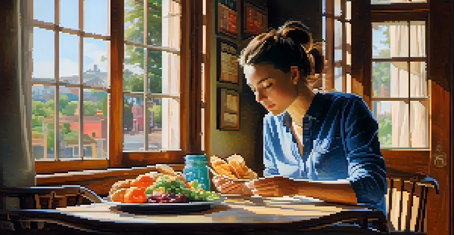 An individual savoring a healthy meal at a wooden table, practicing mindful eating.