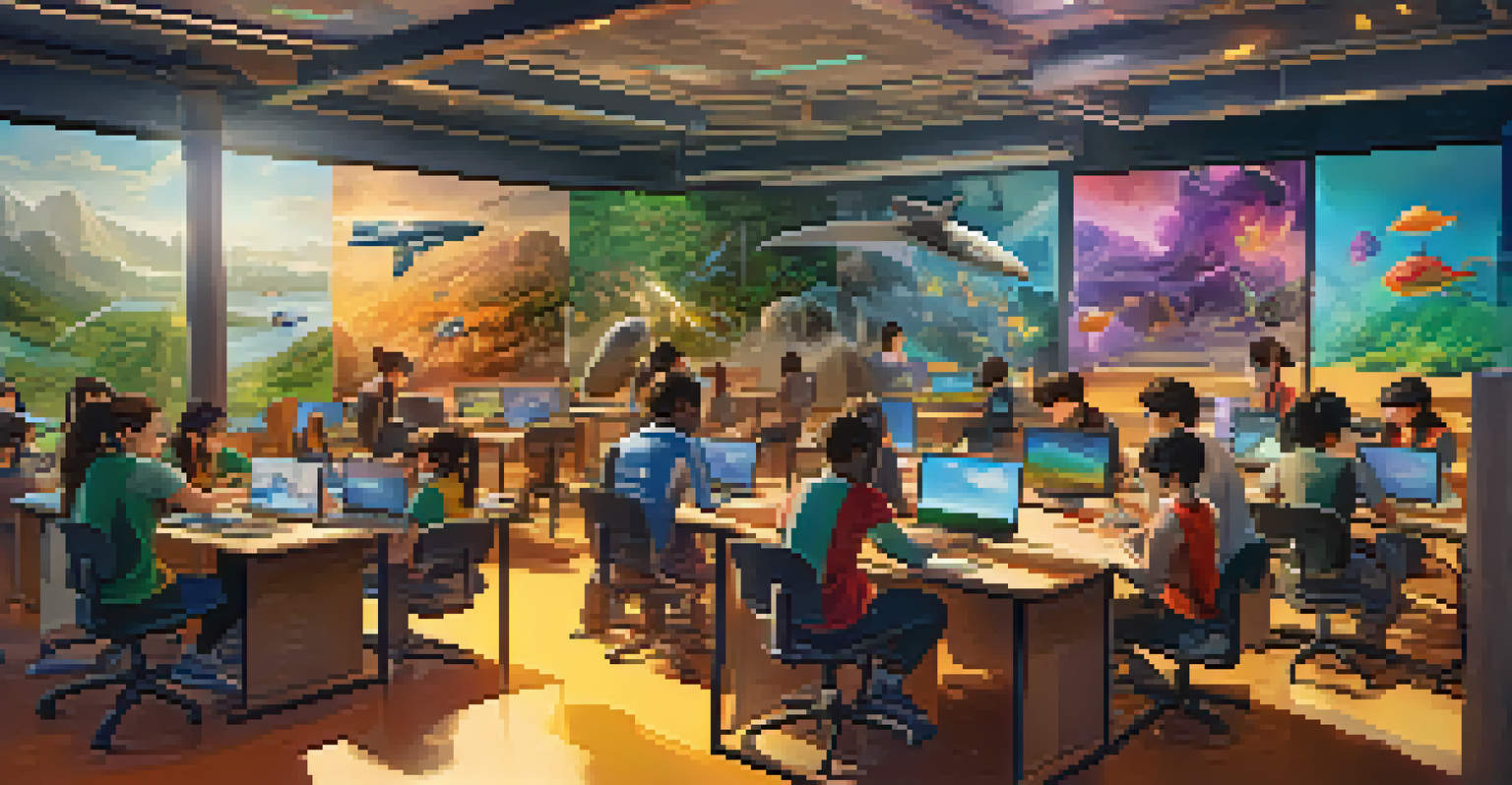 Students collaborating in a virtual reality environment, solving coding challenges and enjoying gamified learning experiences.
