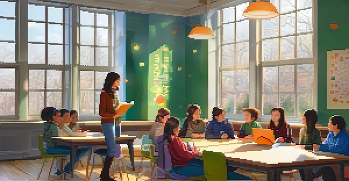 A winter-themed classroom with a teacher reading to students, sunlight filtering through windows, and cozy decorations.