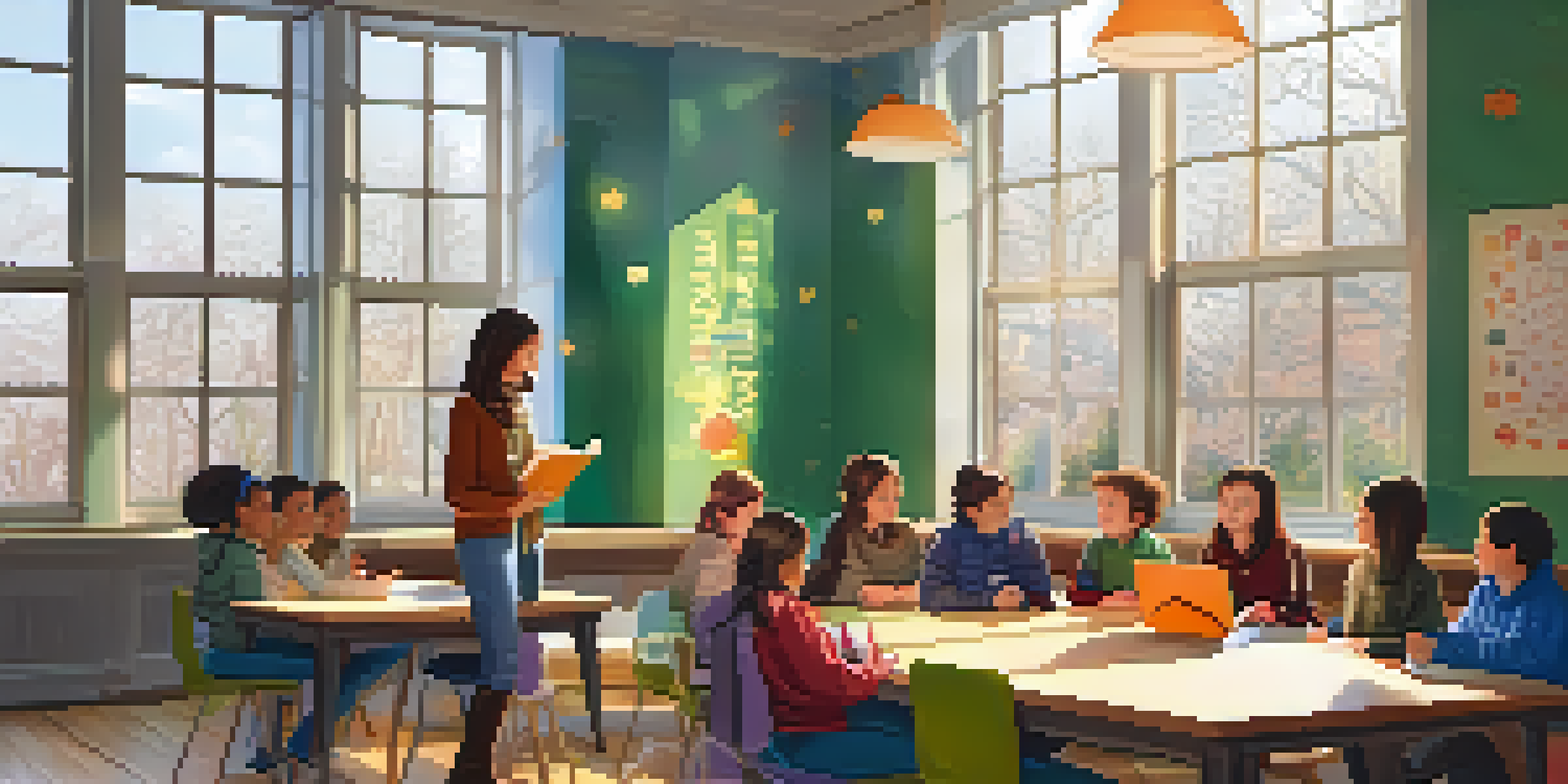 A winter-themed classroom with a teacher reading to students, sunlight filtering through windows, and cozy decorations.